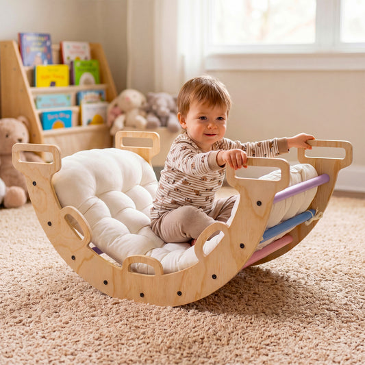 Wooden Rocking Climbing Arch with Cushion 3-in-1 Montessori Kids Climber Rocker, Multicolor Climbers & Slides Multicolor at Gallery Canada