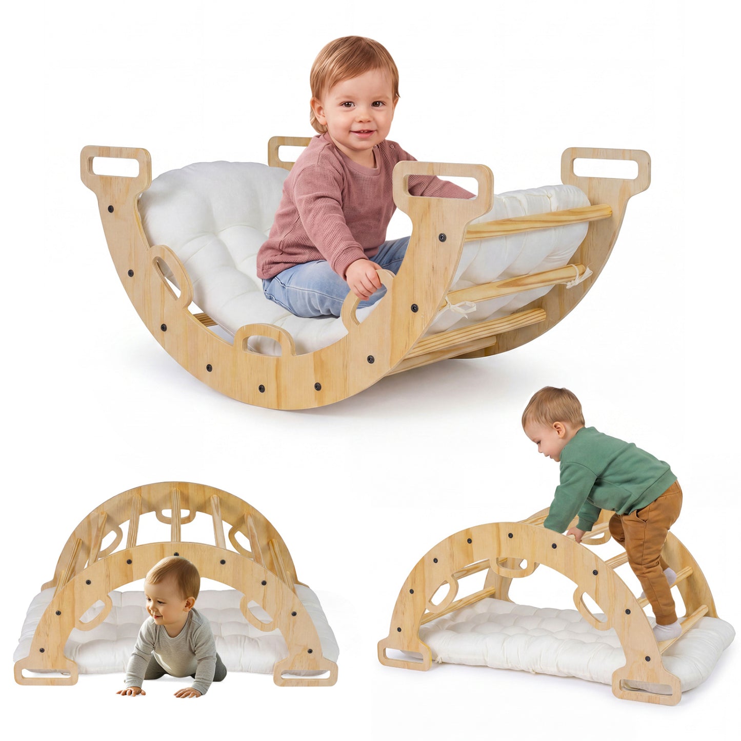 Wooden Rocking Climbing Arch with Cushion Montessori Kids Climber Rocker, Natural Climbers & Slides Natural at Gallery Canada