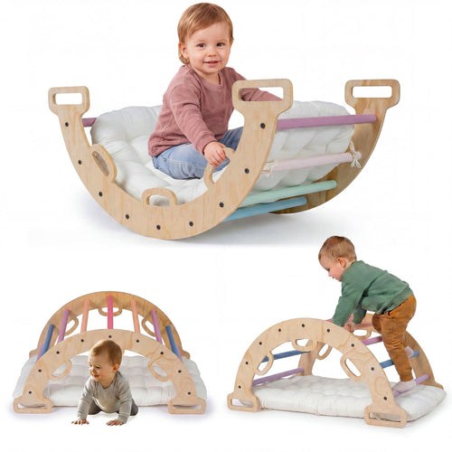 Wooden Rocking Climbing Arch with Cushion 3-in-1 Montessori Kids Climber Rocker, Macaron