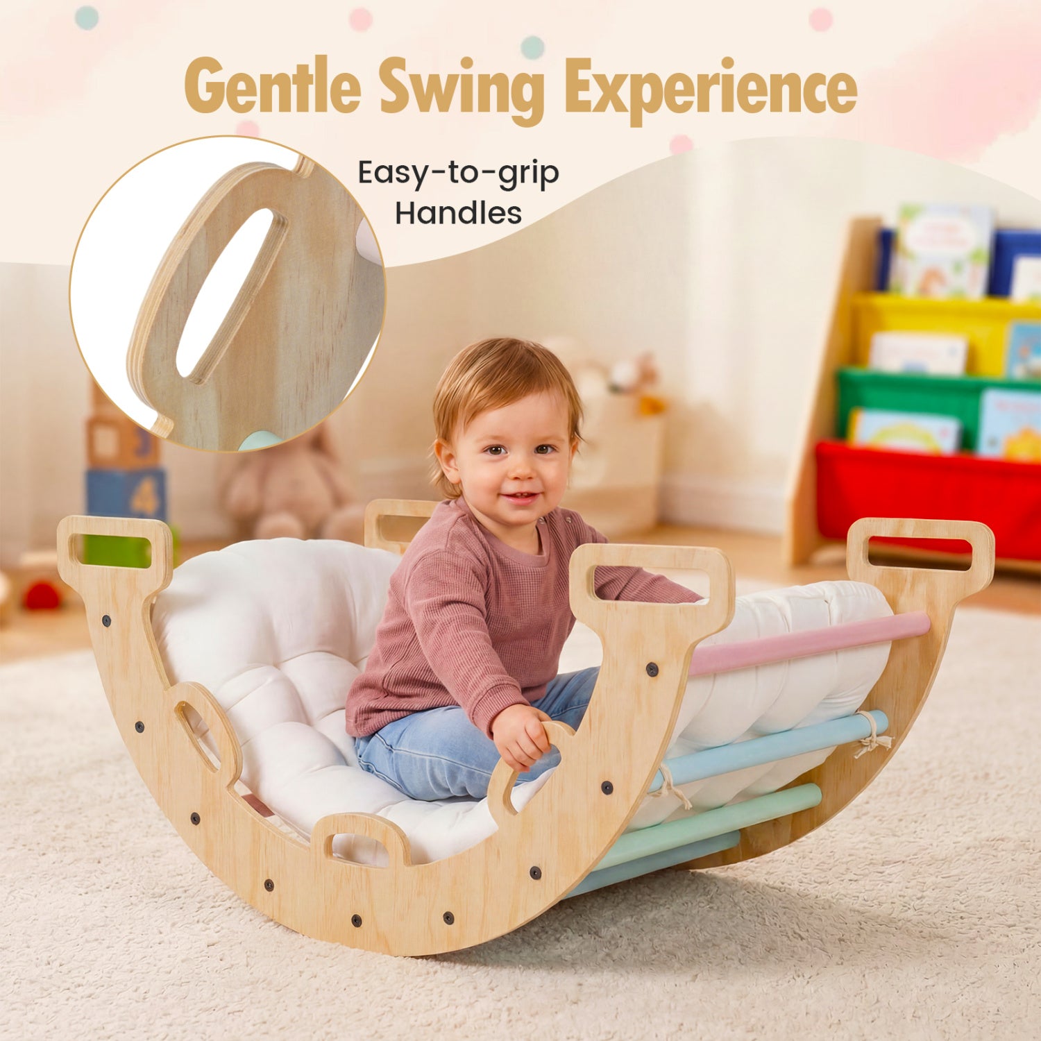 Wooden Rocking Climbing Arch with Cushion 3-in-1 Montessori Kids Climber Rocker, Macaron Climbers & Slides at Gallery Canada