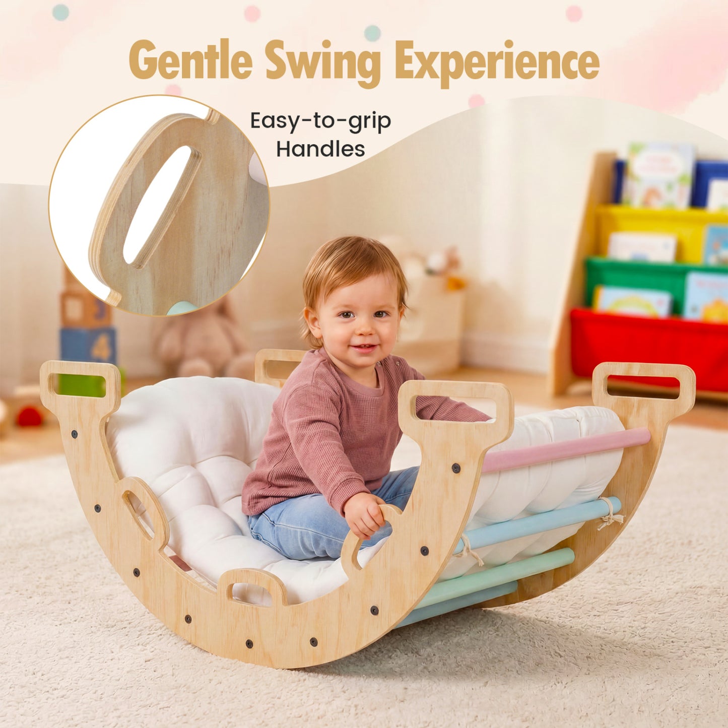 Wooden Rocking Climbing Arch with Cushion 3-in-1 Montessori Kids Climber Rocker, Macaron Climbers & Slides at Gallery Canada