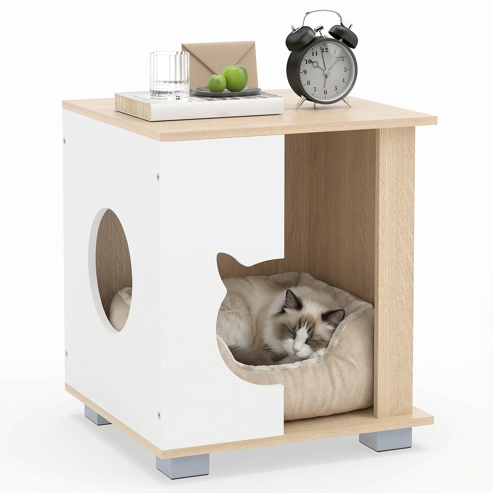 Wooden Semi-enclosed Cat Condo with Kitty Head-shaped Entry and Metal Legs, Natural Cat Trees Condos & Scratchers at Gallery Canada