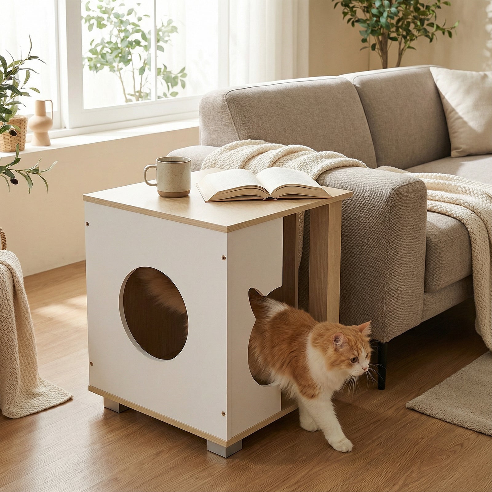 Wooden Semi-enclosed Cat Condo with Kitty Head-shaped Entry and Metal Legs, Natural Cat Trees Condos & Scratchers at Gallery Canada