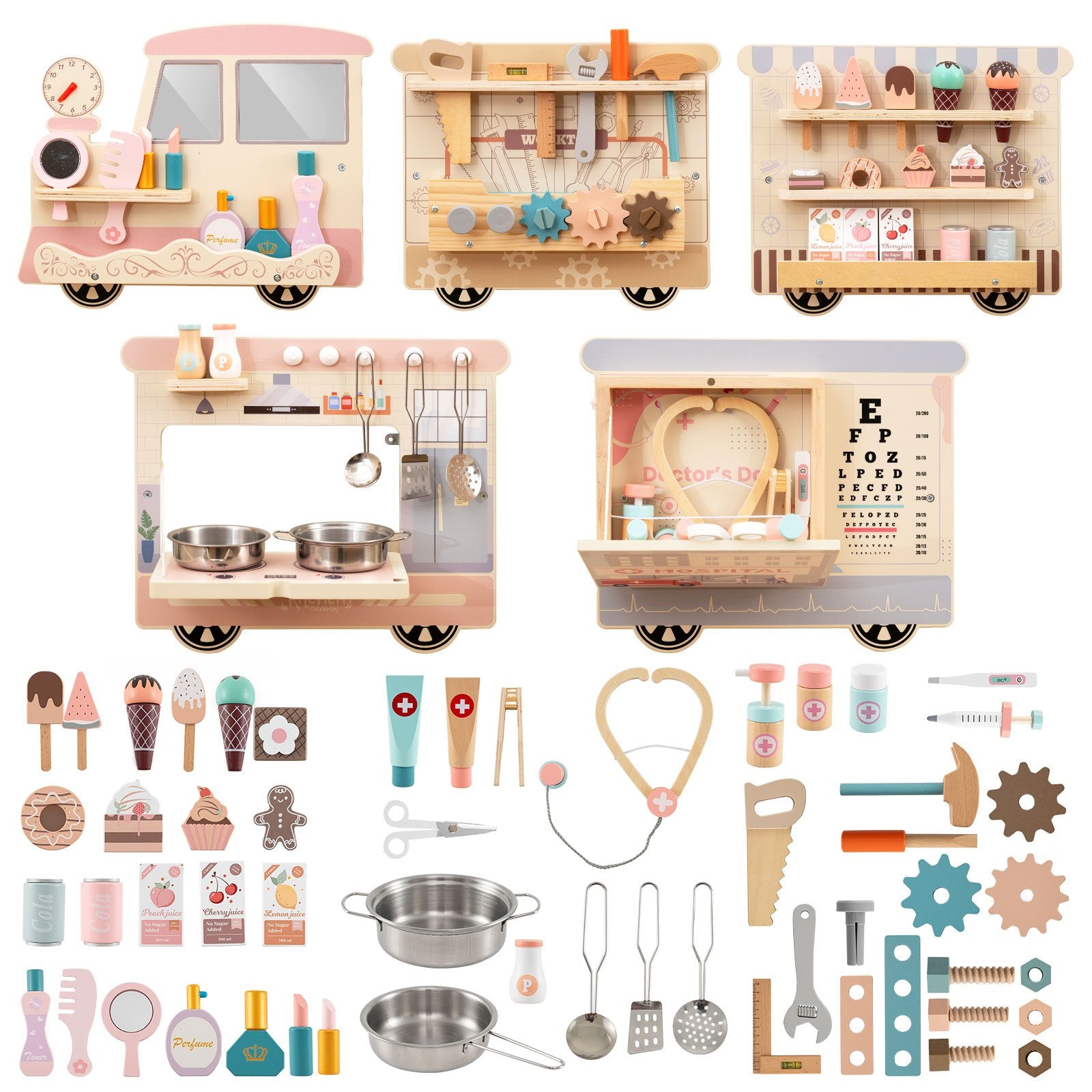 Wooden Sensory Wall Panel with Vanity and Tool Box Play Kitchen Sets Options at Gallery Canada