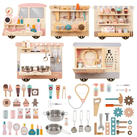 Wooden Sensory Wall Panel with Vanity and Tool Box Play Kitchen Sets Options at Gallery Canada