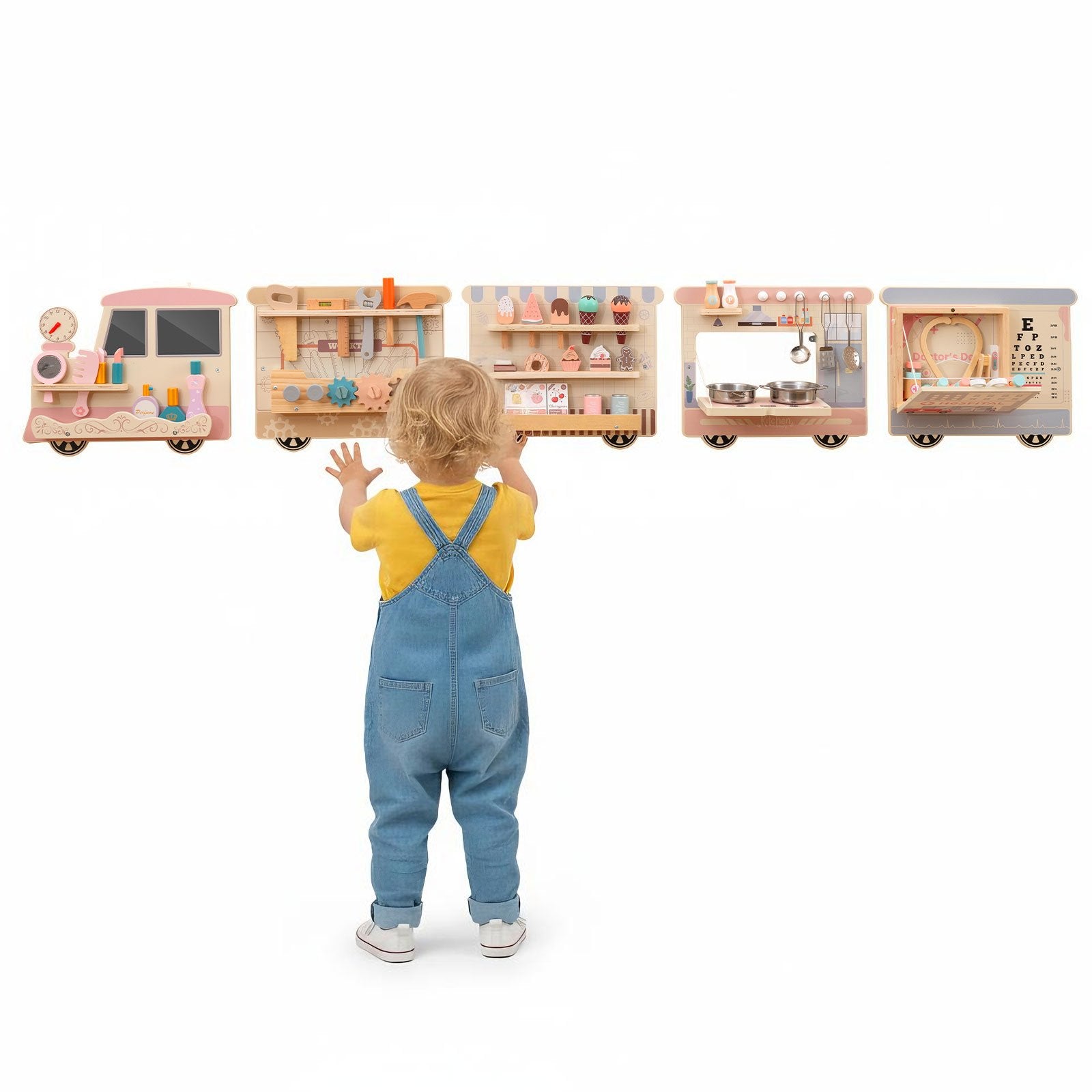 Wooden Sensory Wall Panel with Vanity and Tool Box Play Kitchen Sets at Gallery Canada