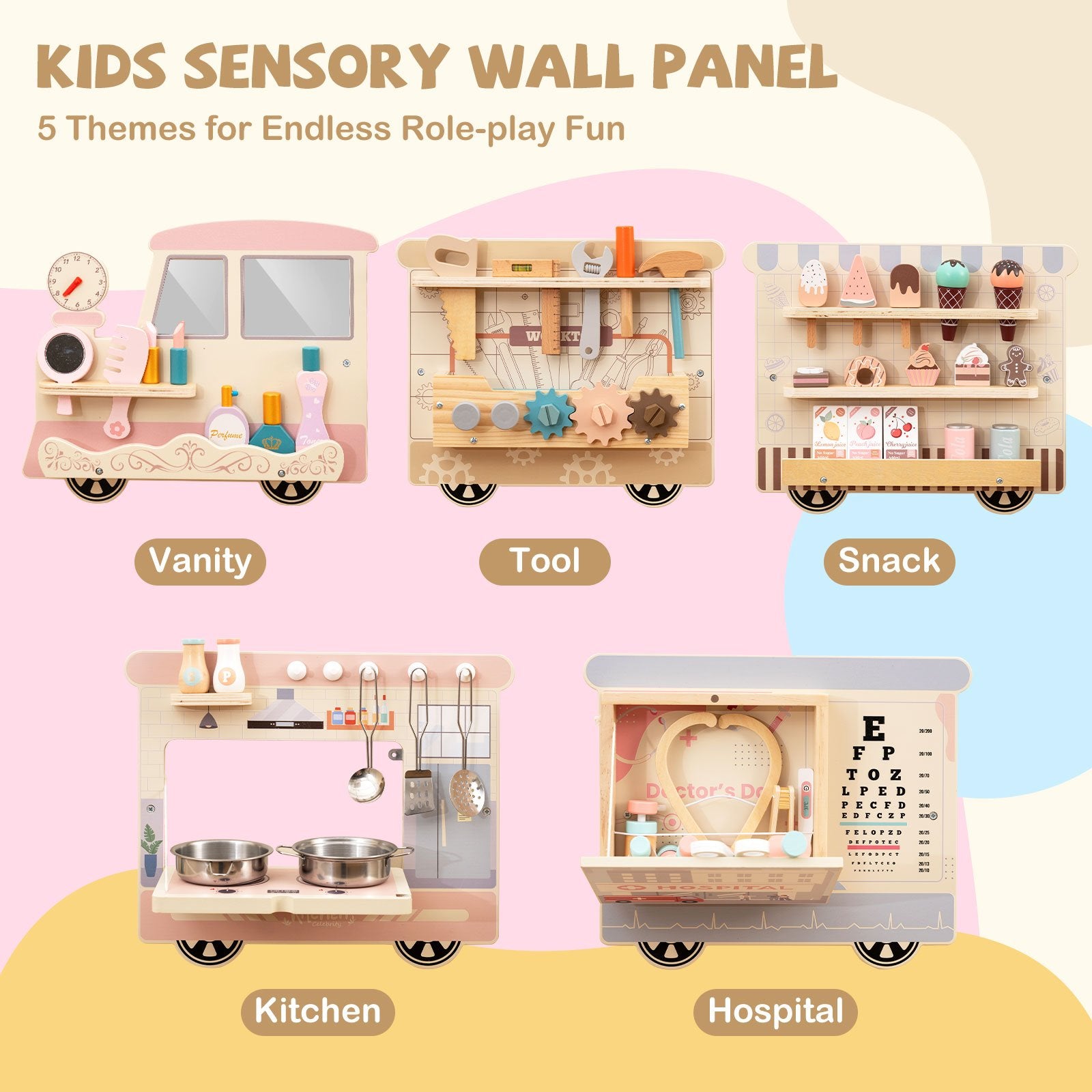 Wooden Sensory Wall Panel with Vanity and Tool Box Play Kitchen Sets at Gallery Canada