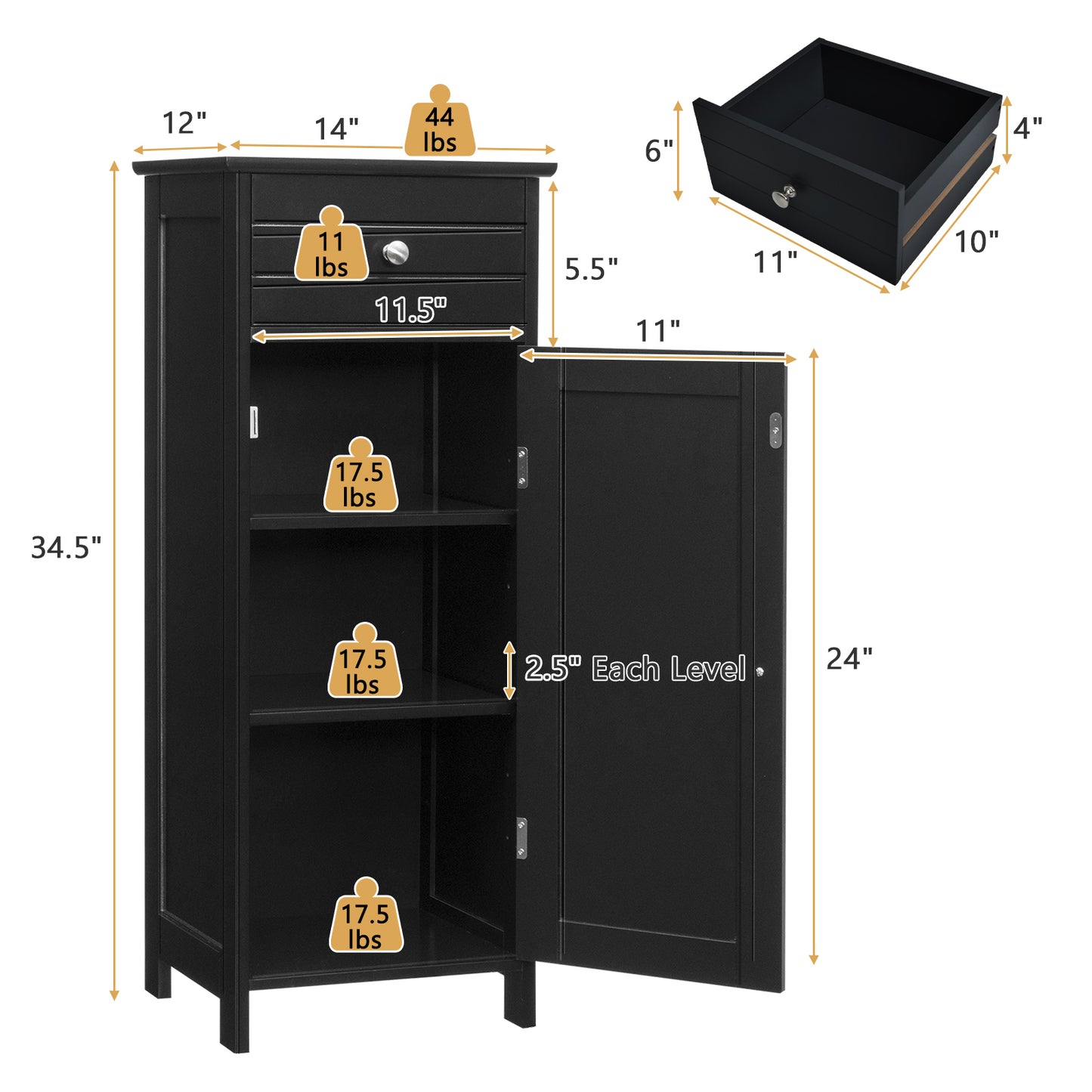 Wooden Storage Cabinet With Drawer, Shelf, Black