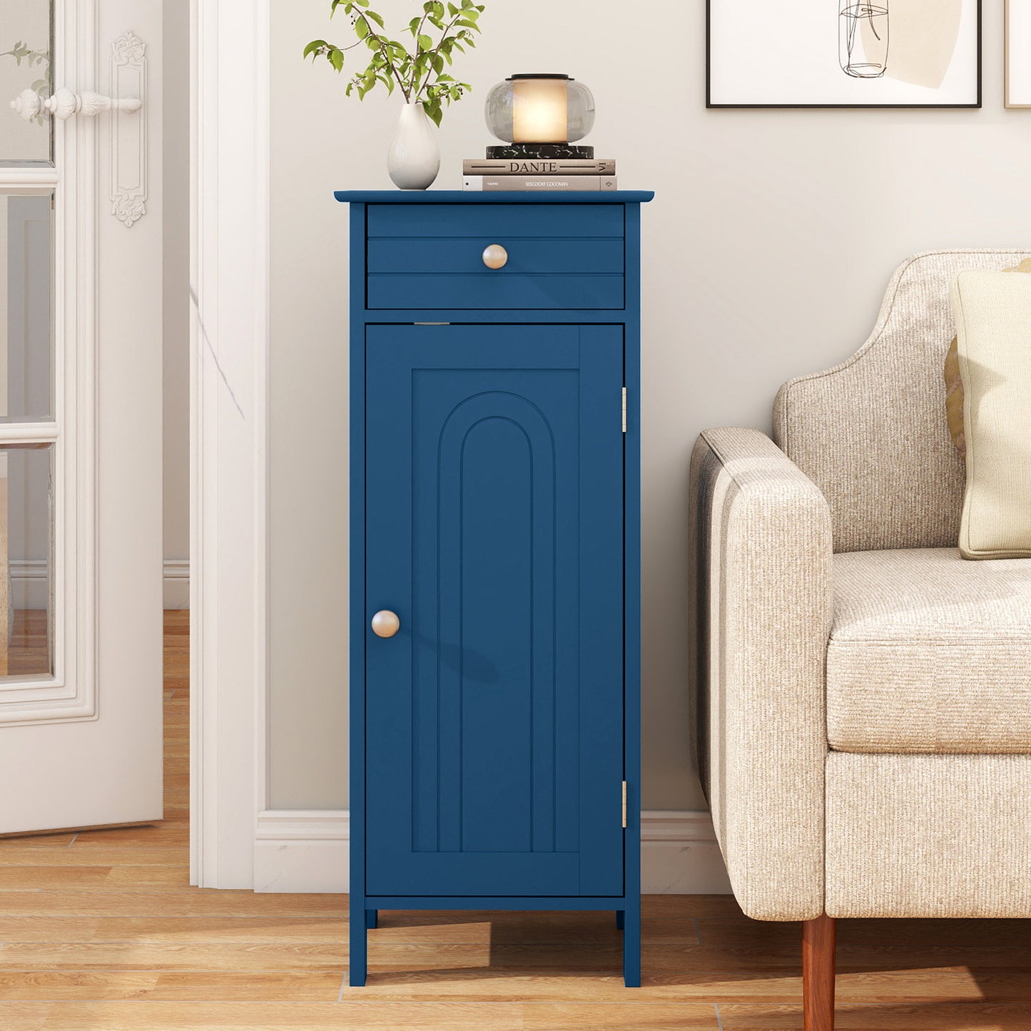 Wooden Storage Free-Standing Floor Cabinet with Drawer and Shelf, Blue