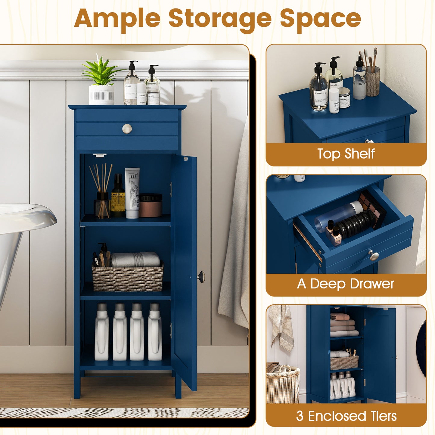 Wooden Storage Free-Standing Floor Cabinet with Drawer and Shelf, Blue