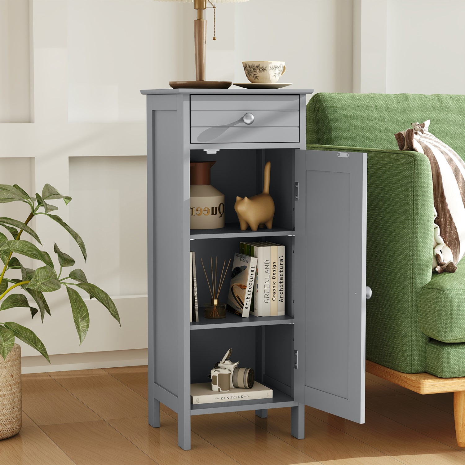 Wooden Storage Cabinet With Drawer And Shelf, Gray Floor Cabinets at Gallery Canada
