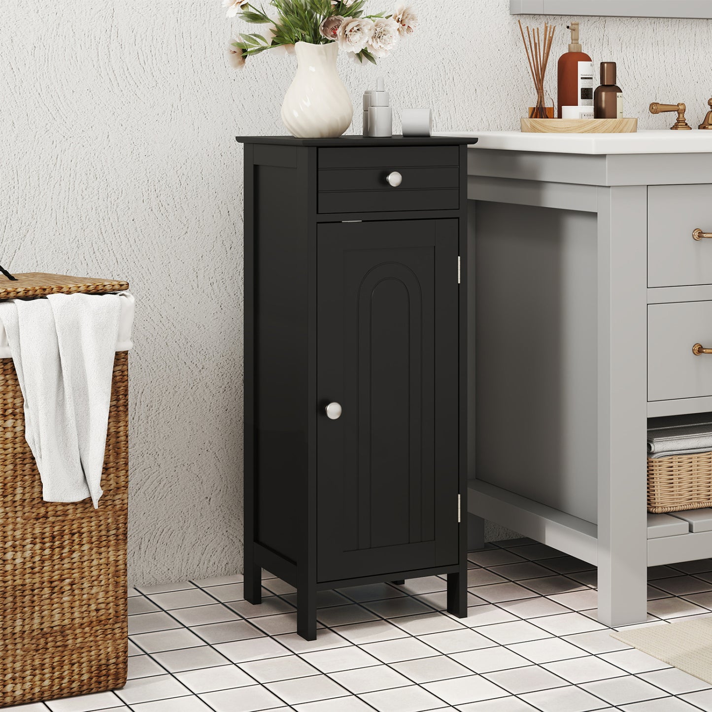 Wooden Storage Cabinet With Drawer, Shelf, Black Floor Cabinets at Gallery Canada