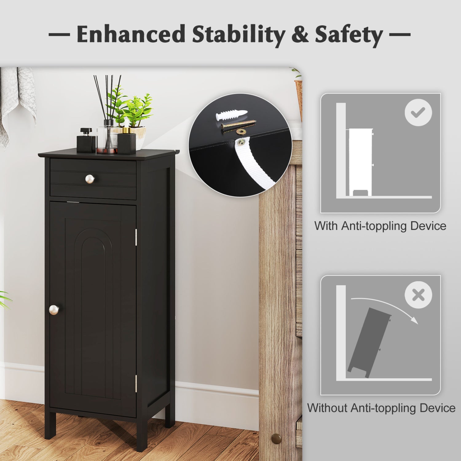 Wooden Storage Cabinet With Drawer, Shelf, Black Floor Cabinets at Gallery Canada