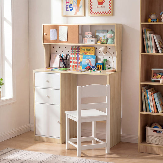 Wooden Study Desk & Chair Set with 2 Cabinets, 2 Drawers Kids Table & Chair Sets Natural at Gallery Canada
