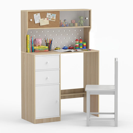 Wooden Study Desk & Chair Set with 2 Cabinets, 2 Drawers Kids Table & Chair Sets Natural at Gallery Canada