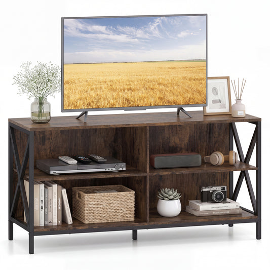 Wooden TV Stand For 55 Inch TVs, X-Shaped Frame, Brown Entertainment Centers & TV Stands Rustic Brown at Gallery Canada