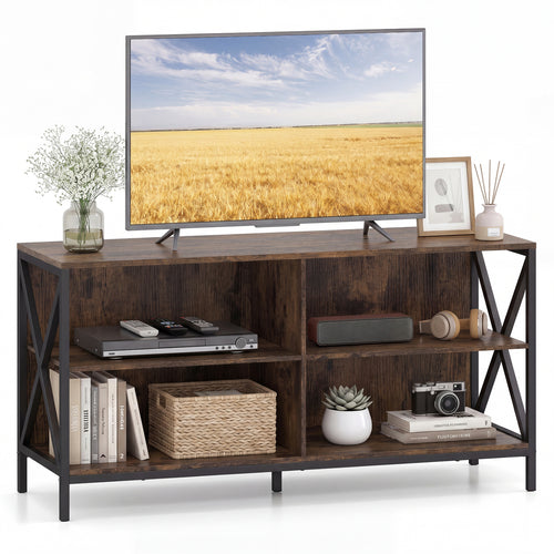 Wooden TV Stand For 55 Inch TVs, X-Shaped Frame, Brown