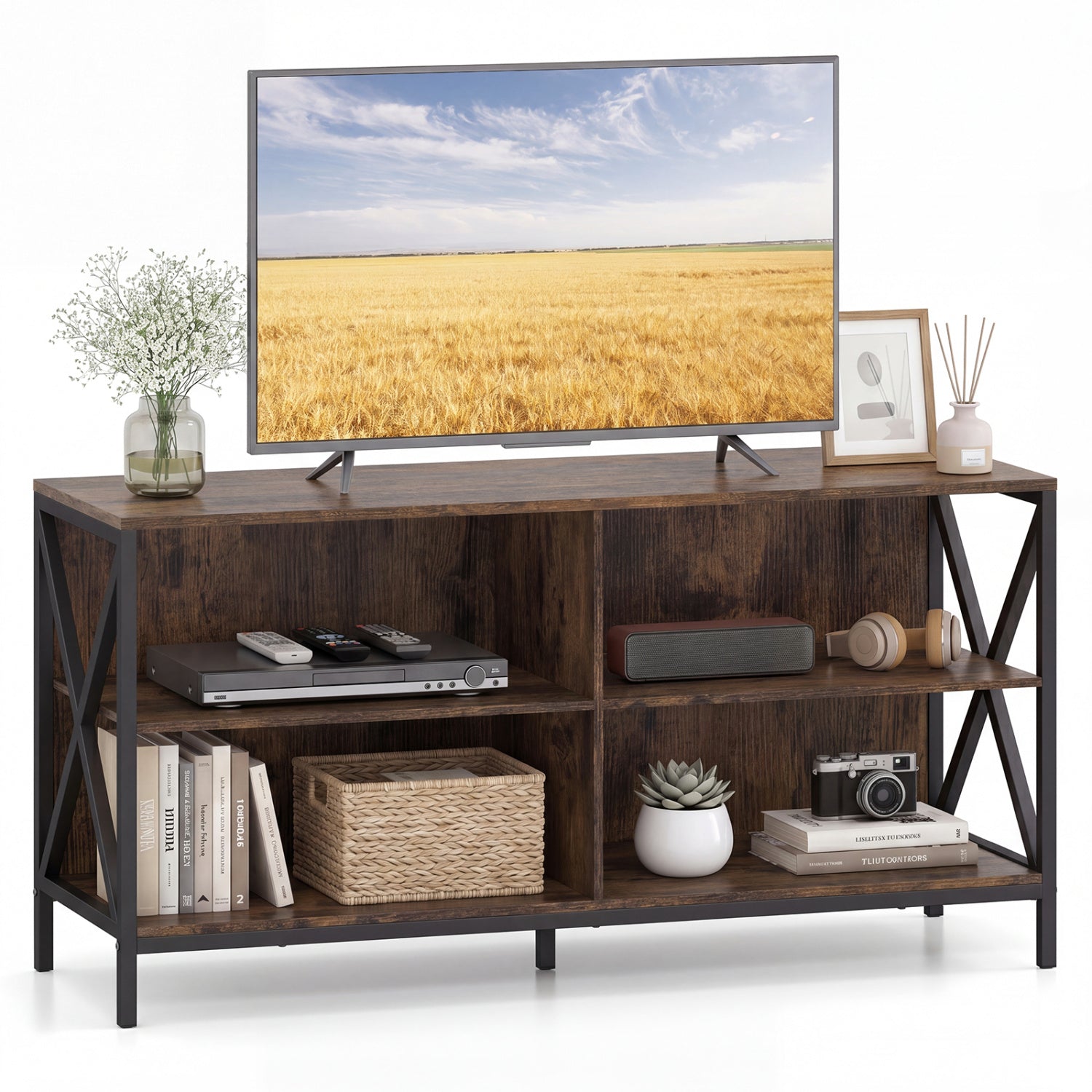 Wooden TV Stand For 55 Inch TVs, X-Shaped Frame, Brown Entertainment Centers & TV Stands at Gallery Canada