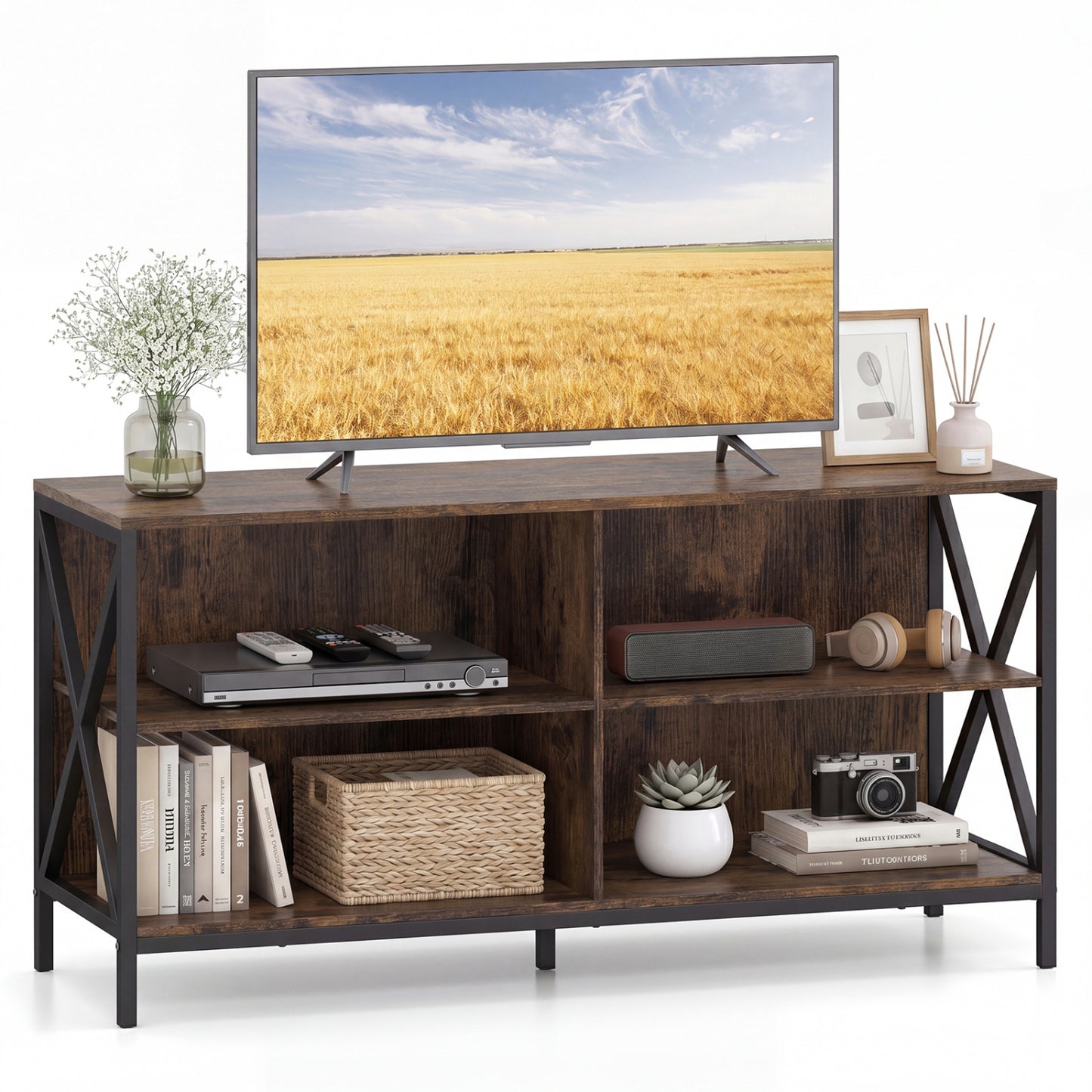Wooden TV Stand For 55 Inch TVs, X-Shaped Frame, Brown Entertainment Centers & TV Stands at Gallery Canada