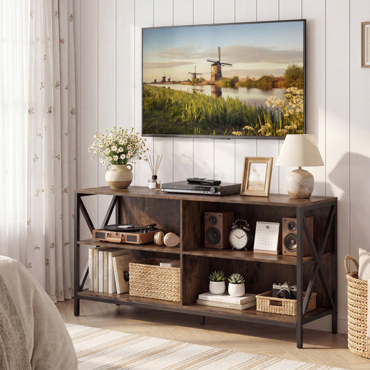 Wooden TV Stand For 55 Inch TVs, X-Shaped Frame, Brown Entertainment Centers & TV Stands Rustic Brown at Gallery Canada