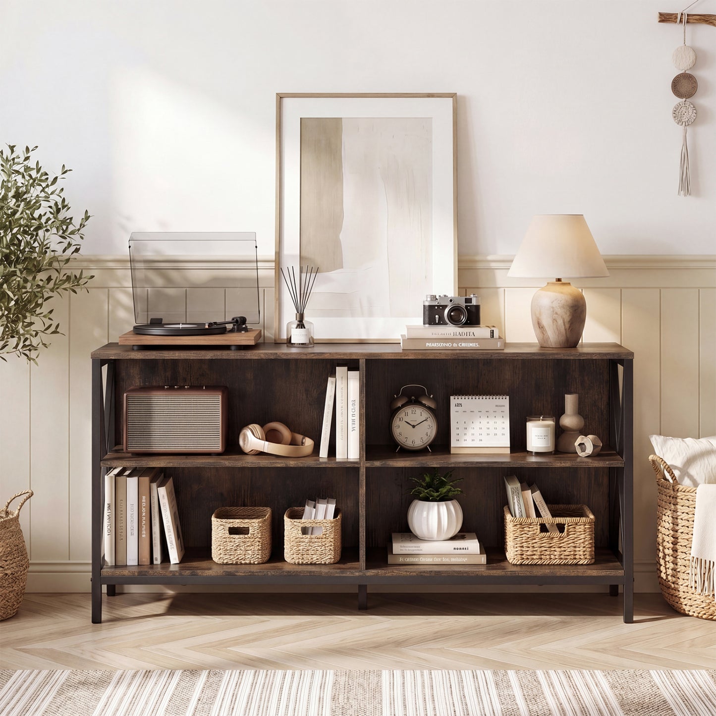 Wooden TV Stand For 55 Inch TVs, X-Shaped Frame, Brown Entertainment Centers & TV Stands at Gallery Canada