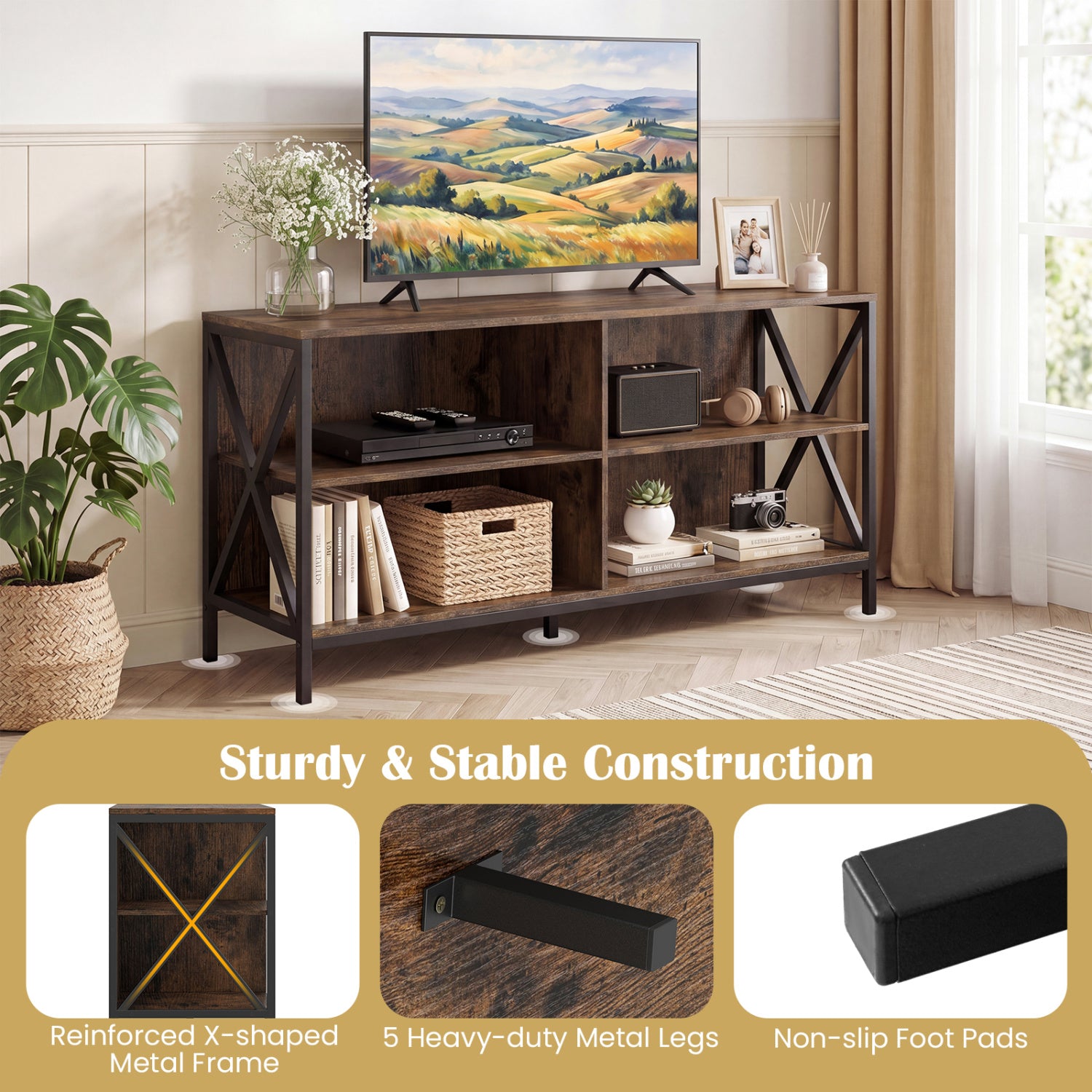 Wooden TV Stand For 55 Inch TVs, X-Shaped Frame, Brown Entertainment Centers & TV Stands at Gallery Canada