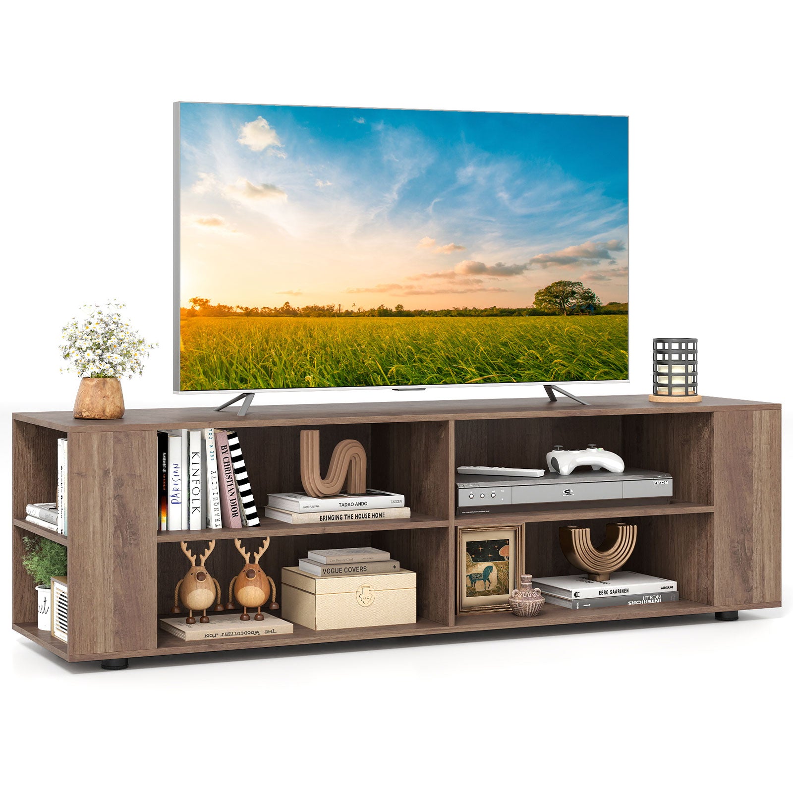 Wooden TV Stand, 8 Open Shelves, 65 Inch, Light Gray Entertainment Centers & TV Stands at Gallery Canada