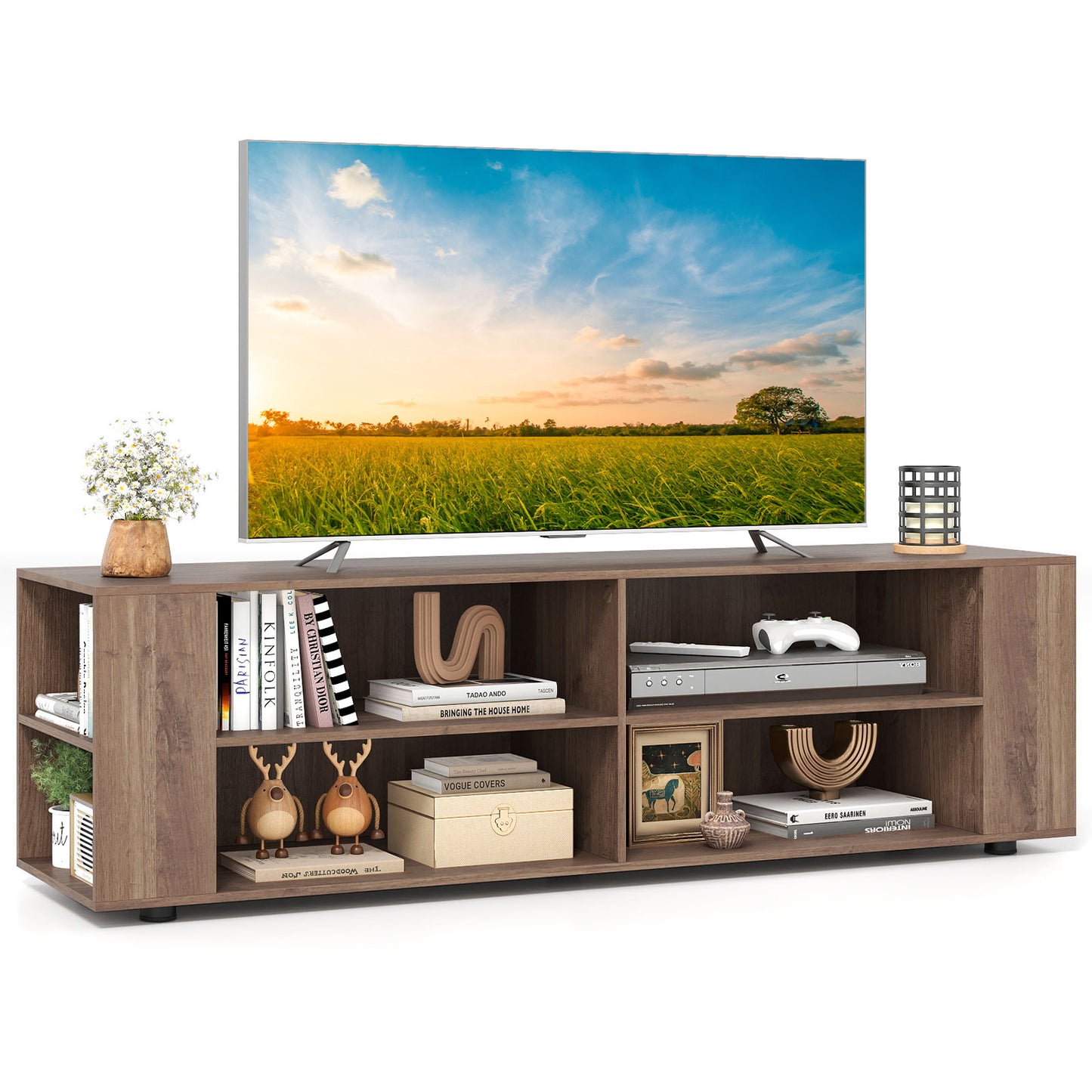 Wooden TV Stand, 8 Open Shelves, 65 Inch, Light Gray Entertainment Centers & TV Stands at Gallery Canada