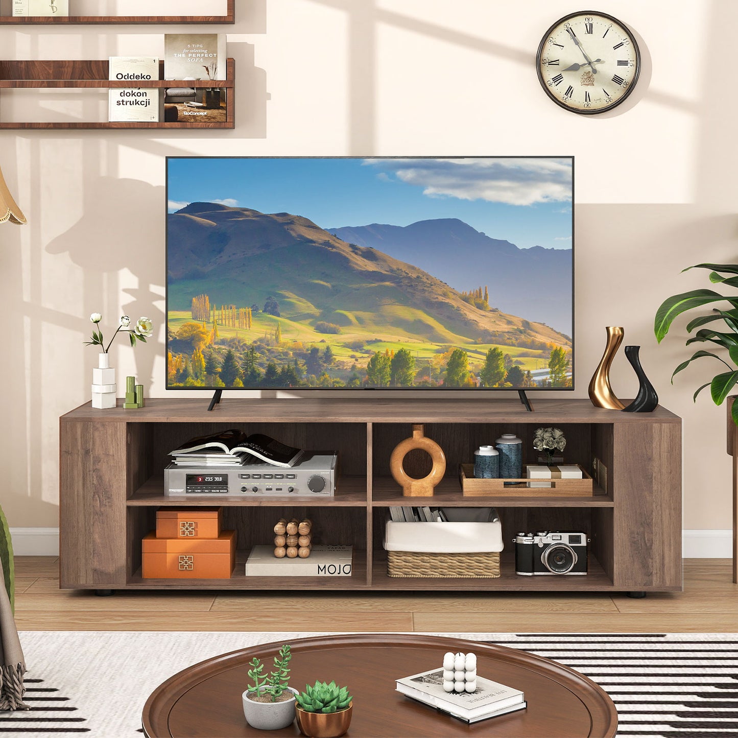 Wooden TV Stand, 8 Open Shelves, 65 Inch, Light Gray Entertainment Centers & TV Stands at Gallery Canada