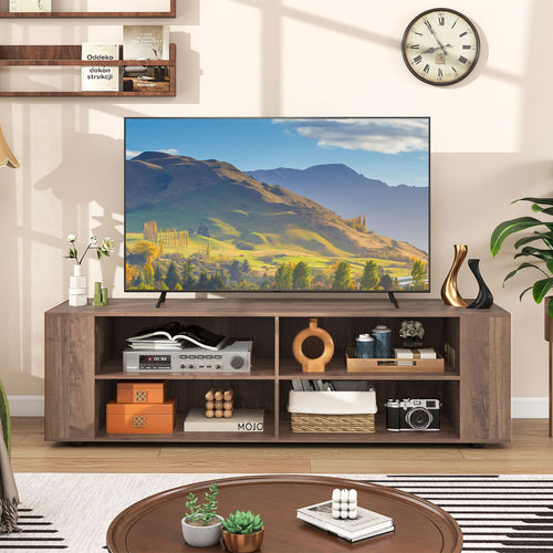 Wooden TV Stand, 8 Open Shelves, 65 Inch, Light Gray