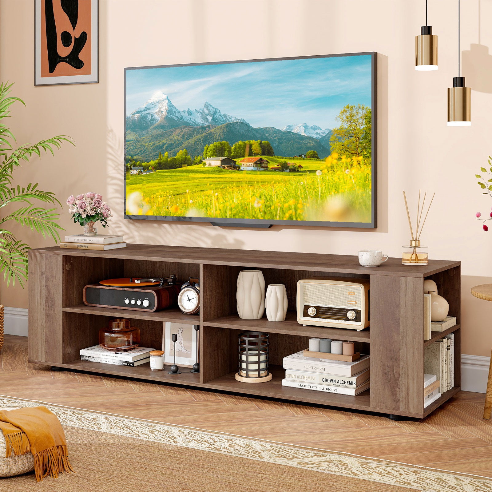Wooden TV Stand, 8 Open Shelves, 65 Inch, Light Gray Entertainment Centers & TV Stands at Gallery Canada