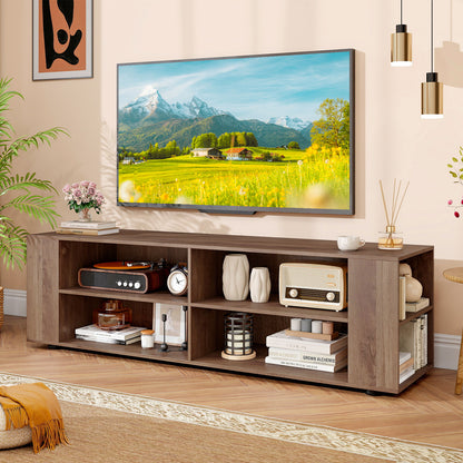 Wooden TV Stand, 8 Open Shelves, 65 Inch, Light Gray Entertainment Centers & TV Stands at Gallery Canada