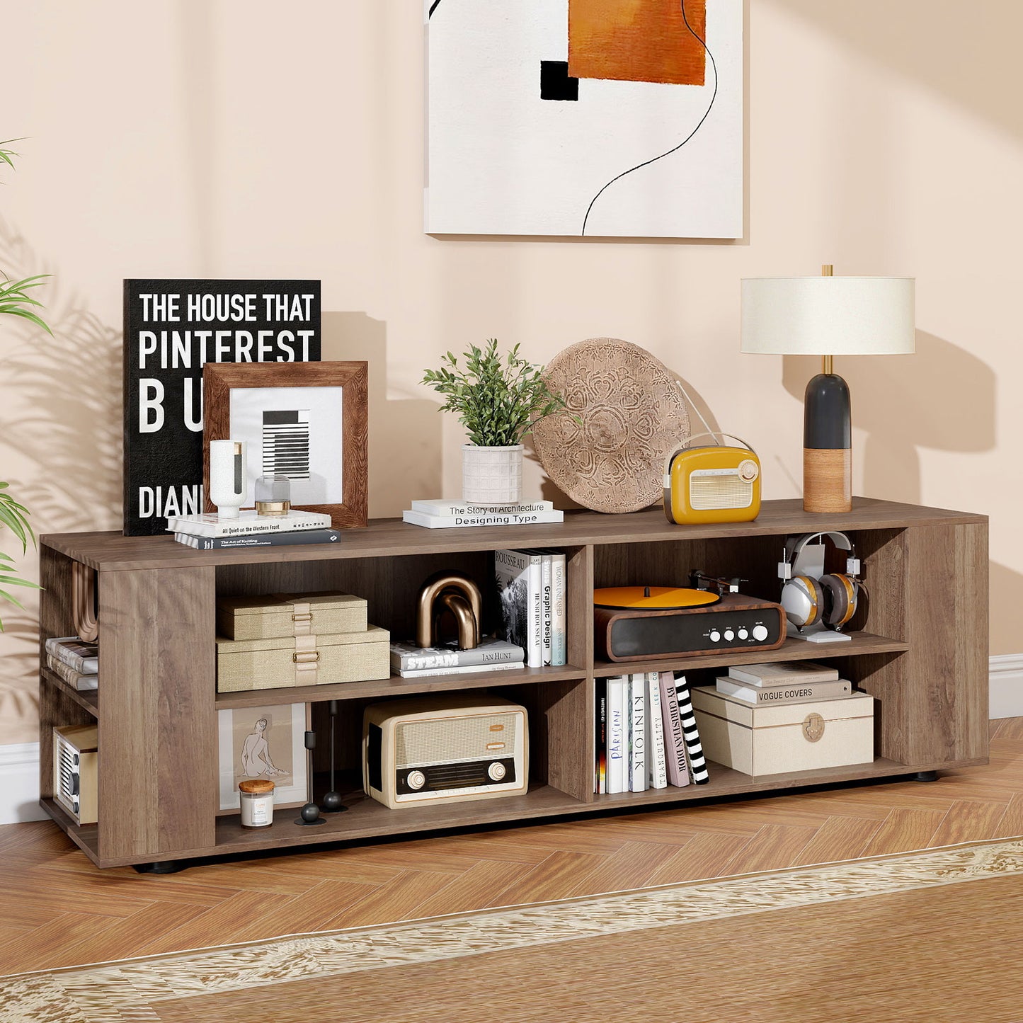 Wooden TV Stand, 8 Open Shelves, 65 Inch, Light Gray Entertainment Centers & TV Stands at Gallery Canada