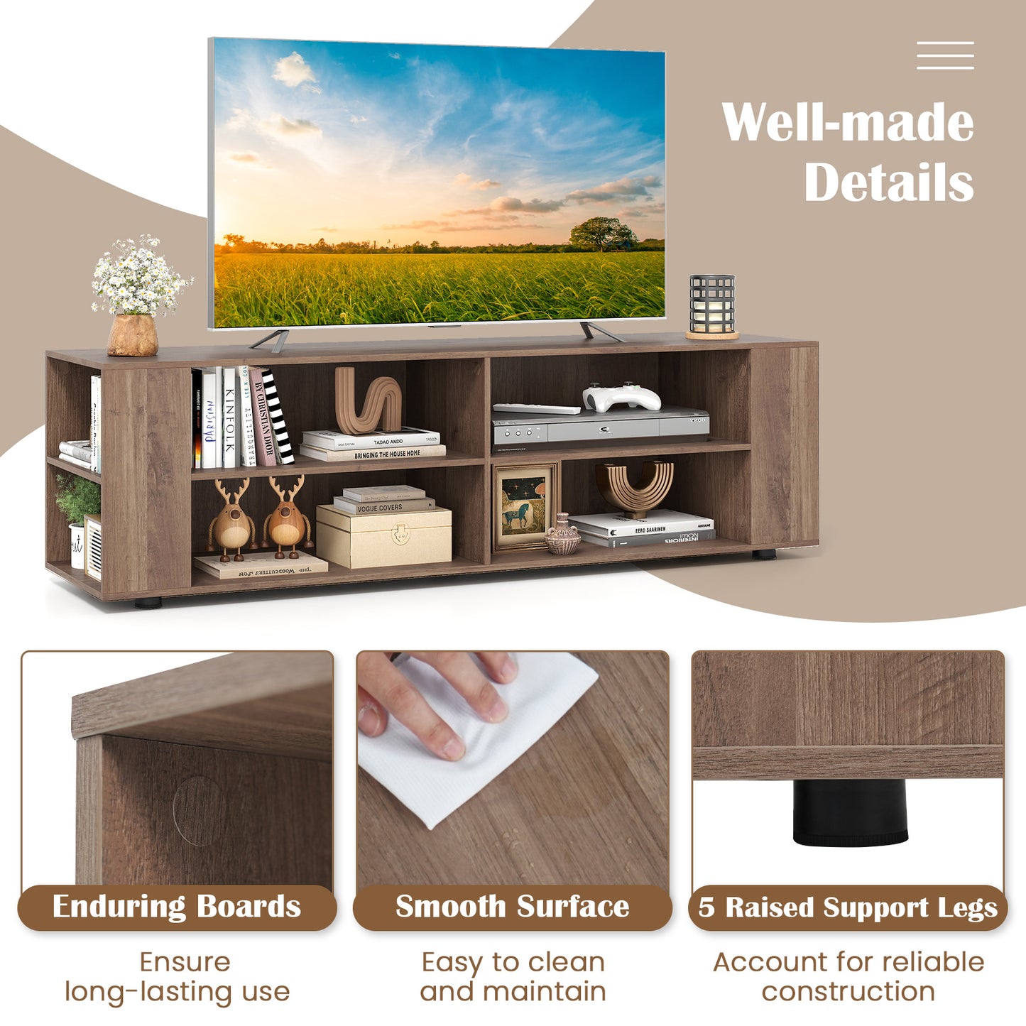 Wooden TV Stand, 8 Open Shelves, 65 Inch, Light Gray Entertainment Centers & TV Stands at Gallery Canada