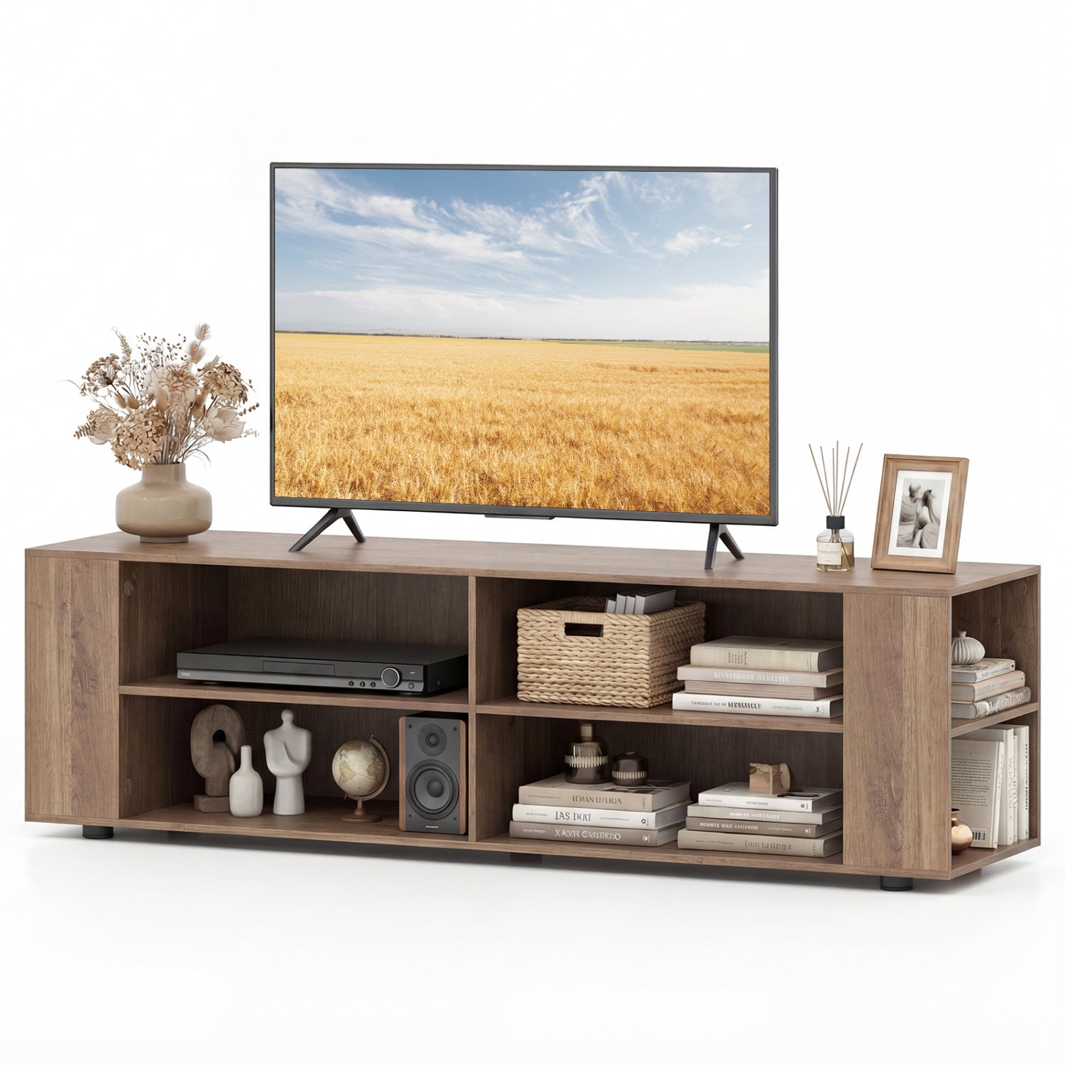 Wooden TV Stand, 8 Open Shelves, 65 Inch, Light Gray Entertainment Centers & TV Stands Light Gray at Gallery Canada