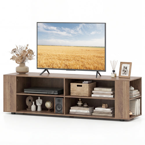 Wooden TV Stand, 8 Open Shelves, 65 Inch, Light Gray