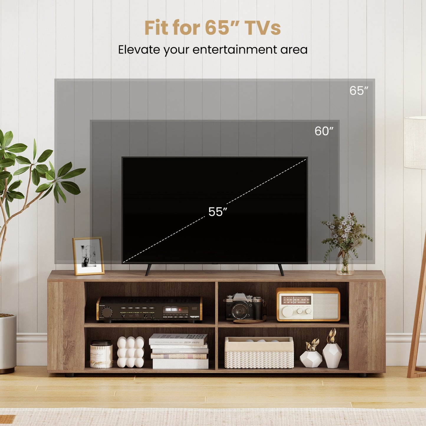 Wooden TV Stand, 8 Open Shelves, 65 Inch, Light Gray Entertainment Centers & TV Stands at Gallery Canada