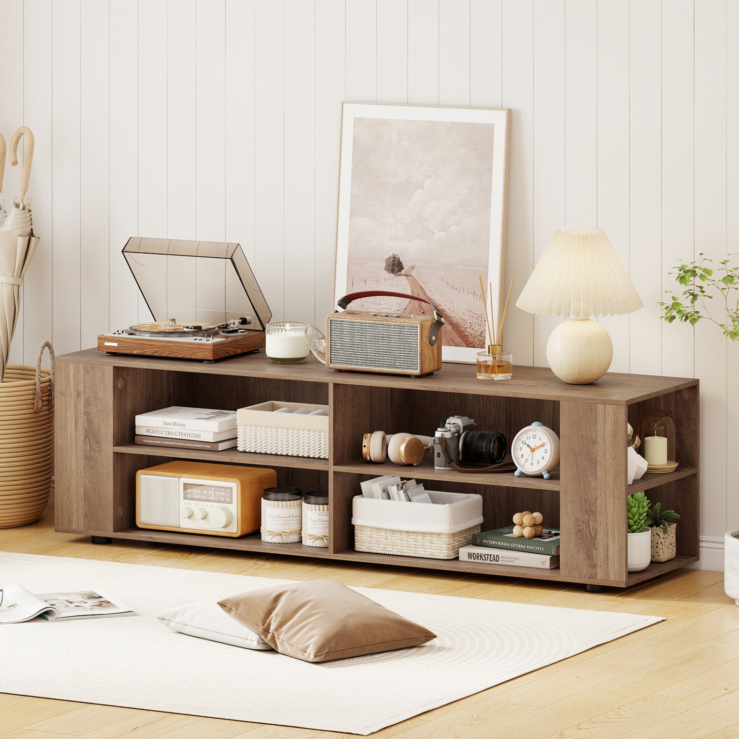 Wooden TV Stand, 8 Open Shelves, 65 Inch, Light Gray Entertainment Centers & TV Stands at Gallery Canada