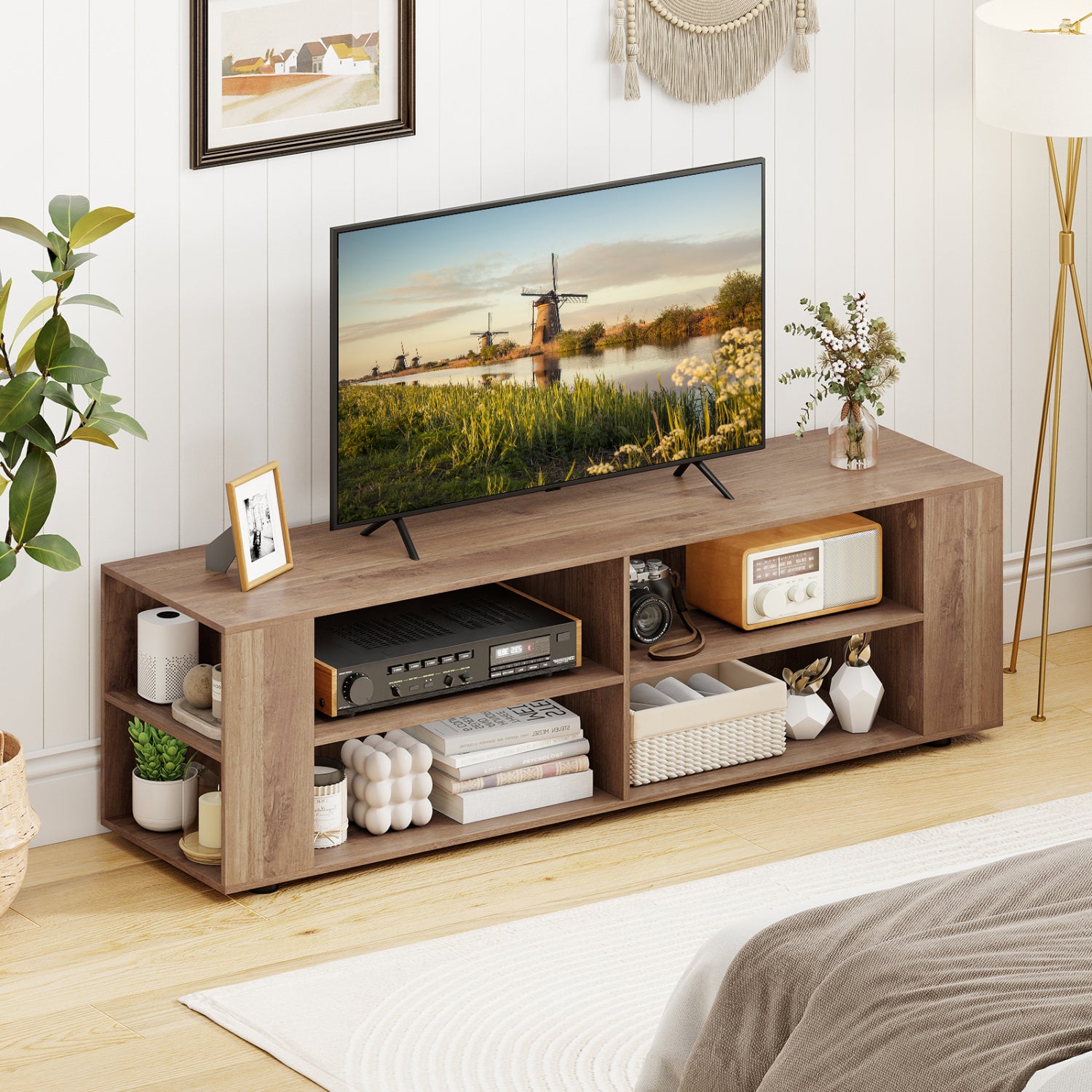 Wooden TV Stand, 8 Open Shelves, 65 Inch, Light Gray Entertainment Centers & TV Stands at Gallery Canada