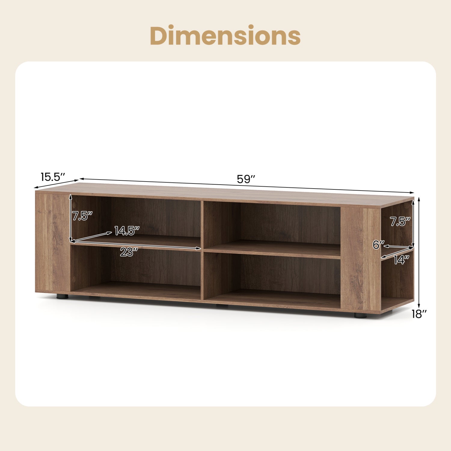 Wooden TV Stand, 8 Open Shelves, 65 Inch, Light Gray Entertainment Centers & TV Stands at Gallery Canada