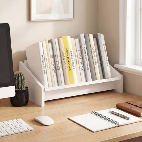 Wooden Tilting Bookcase Small Desktop Bookshelf Organizer for Magazines, White