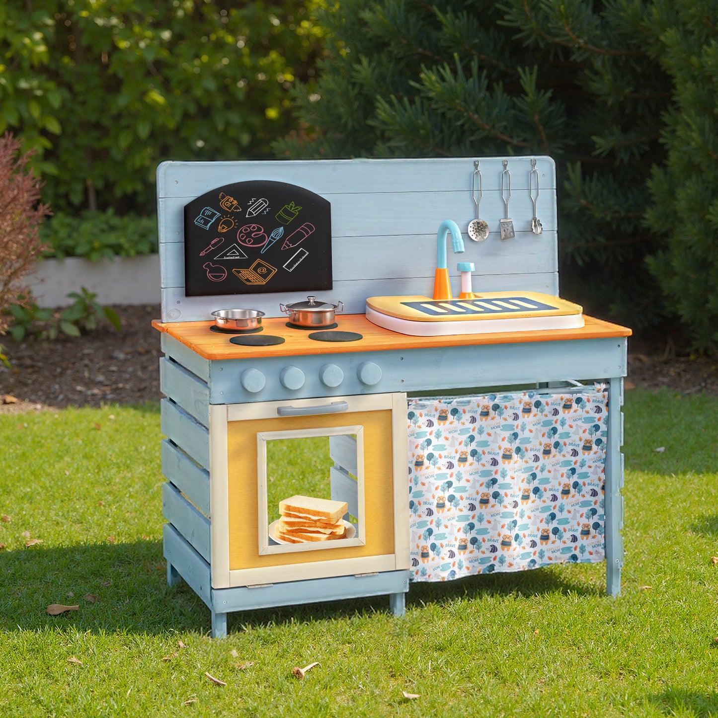 Wooden Toy Kitchen Playset with Removable Circulation Faucet and Cooking Accessories, Blue Play Kitchen Sets at Gallery Canada