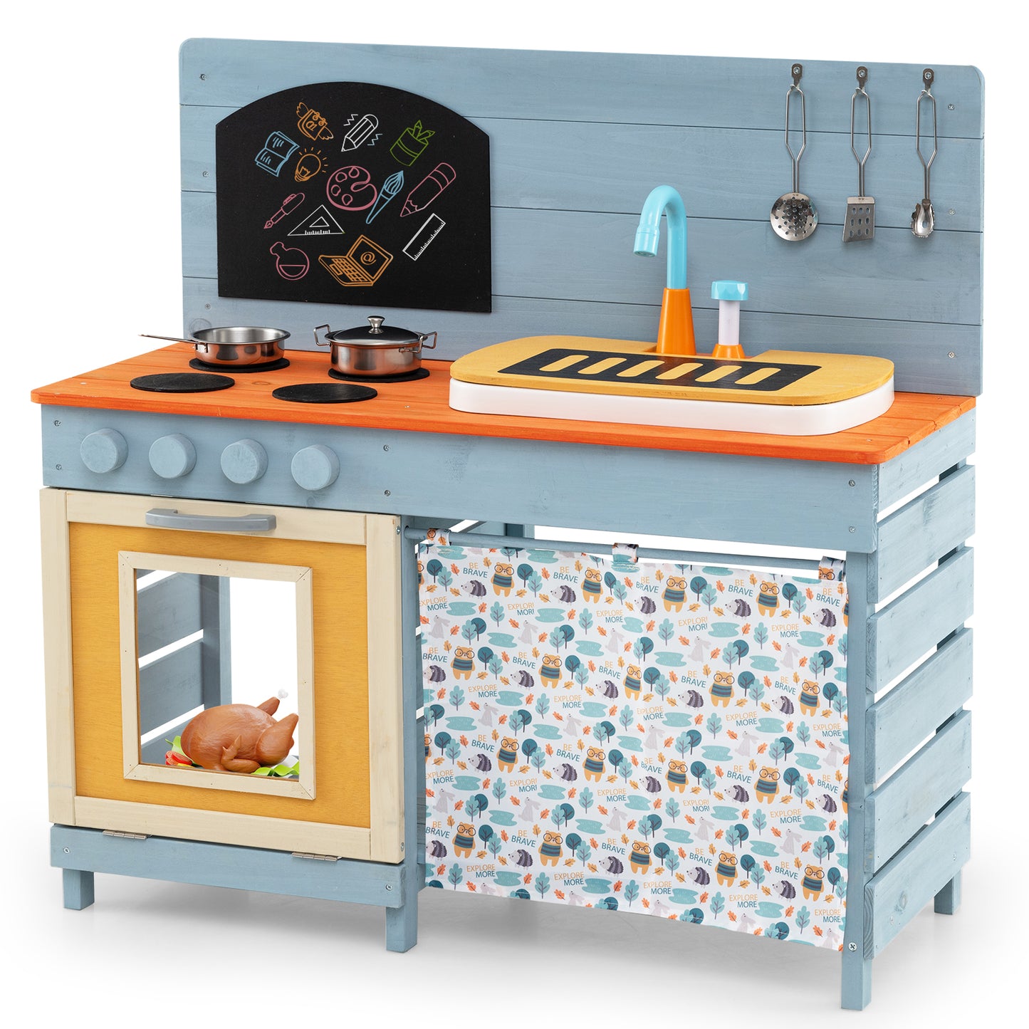 Wooden Toy Kitchen Playset with Removable Circulation Faucet and Cooking Accessories, Blue Play Kitchen Sets at Gallery Canada
