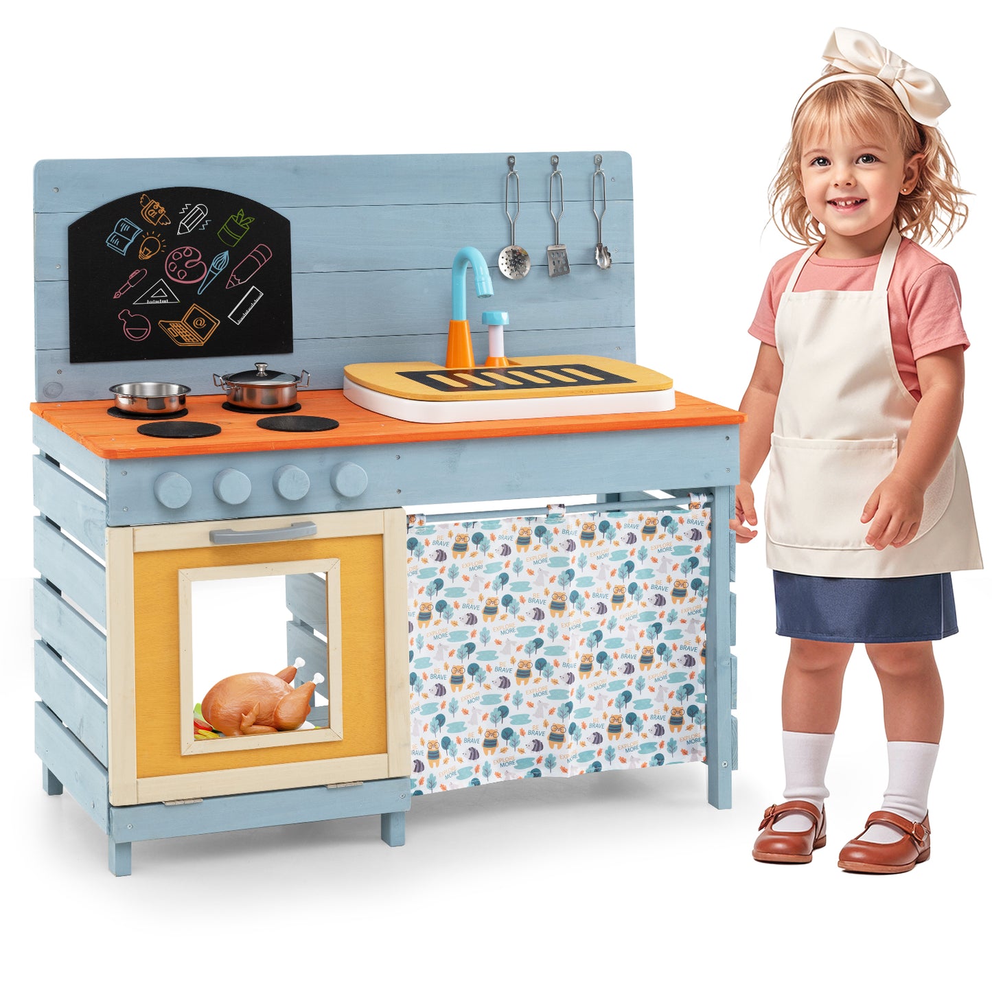 Wooden Toy Kitchen Playset with Removable Circulation Faucet and Cooking Accessories, Blue Play Kitchen Sets at Gallery Canada