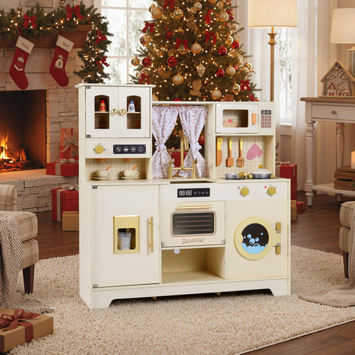 Wooden Toy Kitchen Playset with 14 Accessories for Aged 3+ Years-WH, Beige