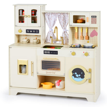 Wooden Toy Kitchen Playset with 14 Accessories for Aged 3+ Years-WH, Beige