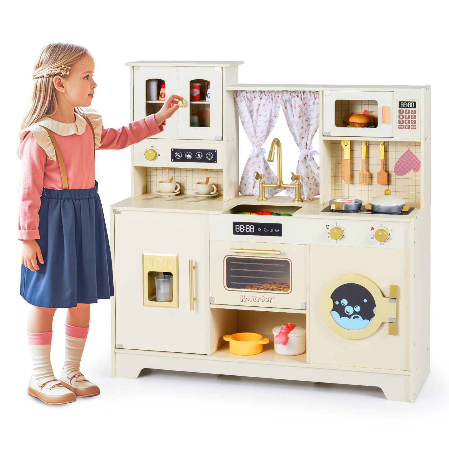 Wooden Toy Kitchen Playset with 14 Accessories for Aged 3+ Years-WH, Beige
