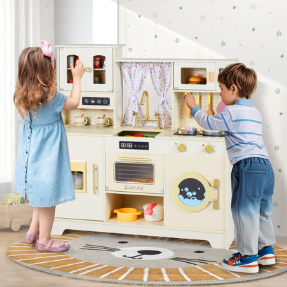 Wooden Toy Kitchen Playset with 14 Accessories for Aged 3+ Years-WH, Beige