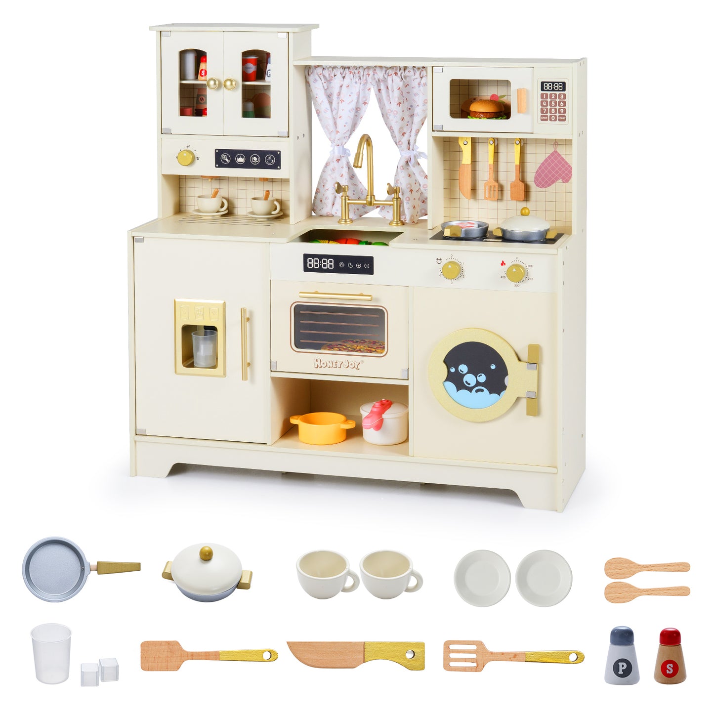 Wooden Toy Kitchen Playset with 14 Accessories for Aged 3+ Years-WH, Beige