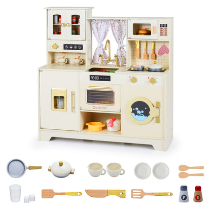 Wooden Toy Kitchen Playset with 14 Accessories for Aged 3+ Years-WH, Beige